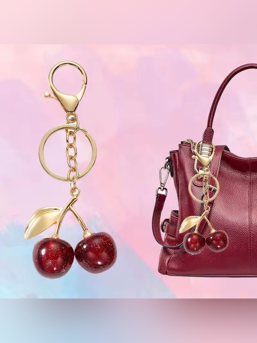 Luxury Cherry Bag Charm Keychain Red Sparkle Gold Tone Clip Statement NWOT